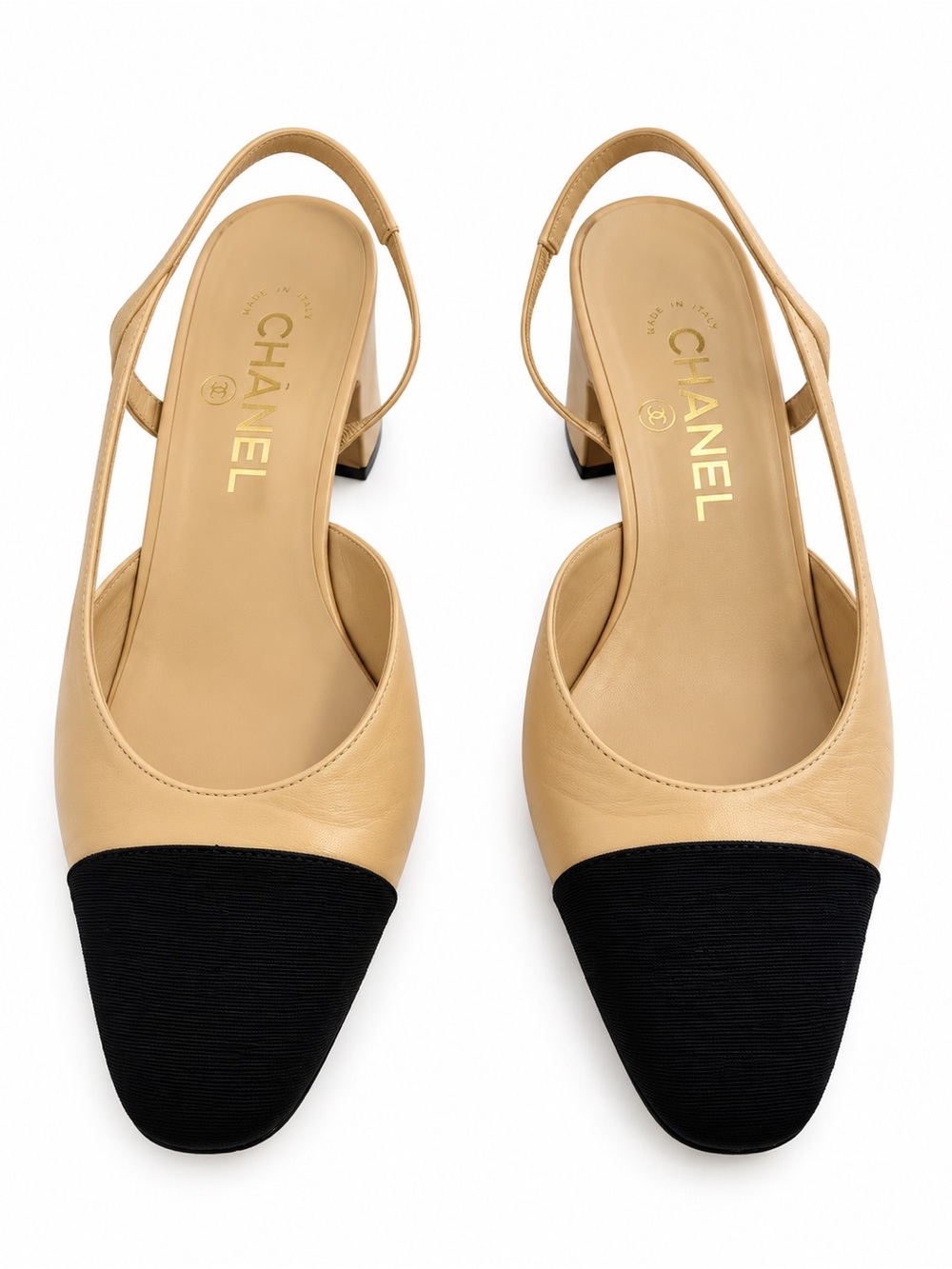 CHANEL Beige and Black Slingback Mules with Cap Toe